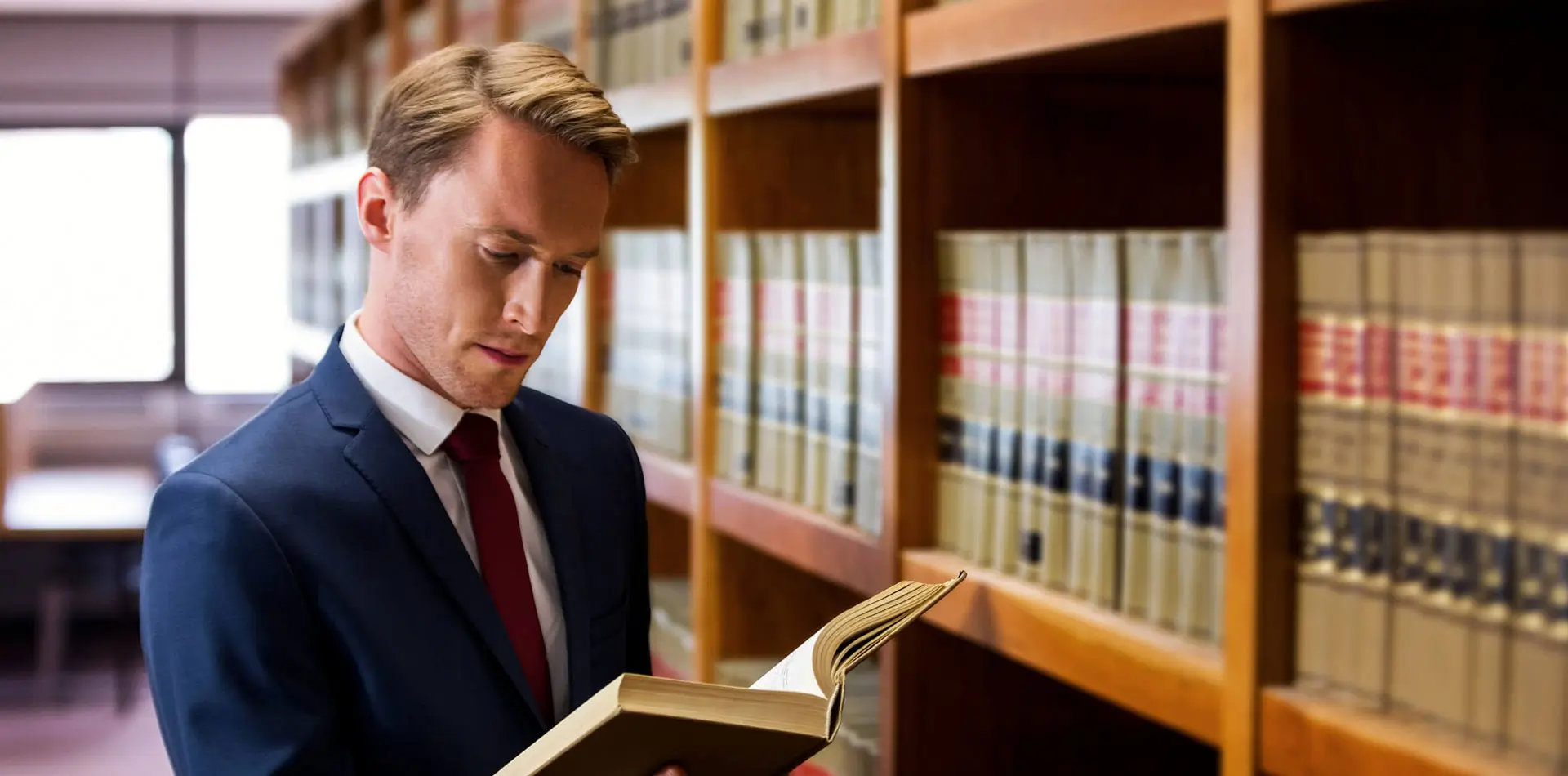 A man in a suit standing and reading a book next to a bookshelf.